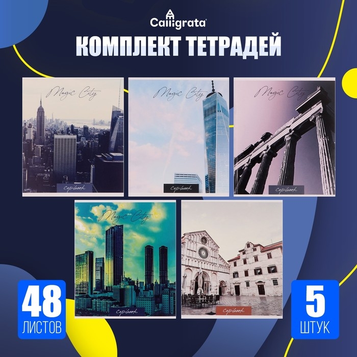 Комплект тетрадей из 5 штук, 48 листов в клетку Calligrata "Города", обложка мелованный картон, блок №2, белизна 75% (серые листы)