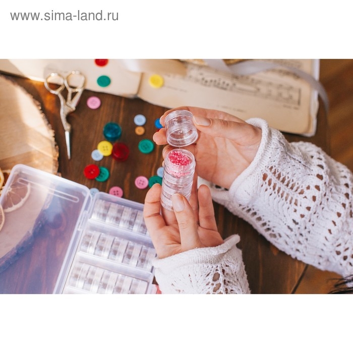 Набор баночек для рукоделия, 25 шт, d = 2,3 / 2,7 см, в контейнере со съёмными ячейками, 19 × 9,5 × 3,5 см, цвет прозрачный