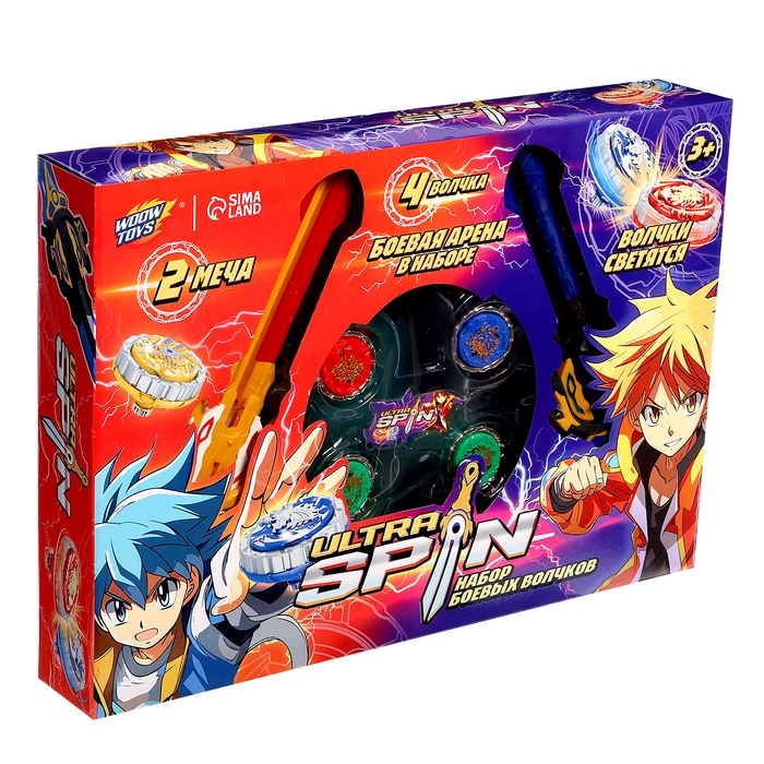 Набор волчков с мечом ULTRA SPIN «Сражение гладиаторов», 4 волчка, 2 устройства запуска, арена
