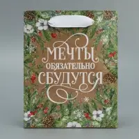 Пакет подарочный новогодний крафтовый «Пусть мечты сбудутся», S 12 х 15 х 5.5 см