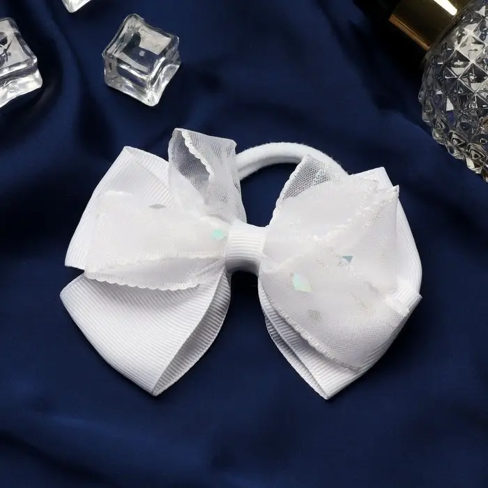 Резинка для волос бант «Школьница», ромбики двойной, 10 см, белая