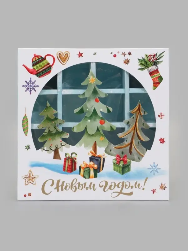 Коробка с обечайкой, с окном, под 16 конфет, &laquo;Елочки&raquo;, 17.7&times;17.7&times;3.8 см