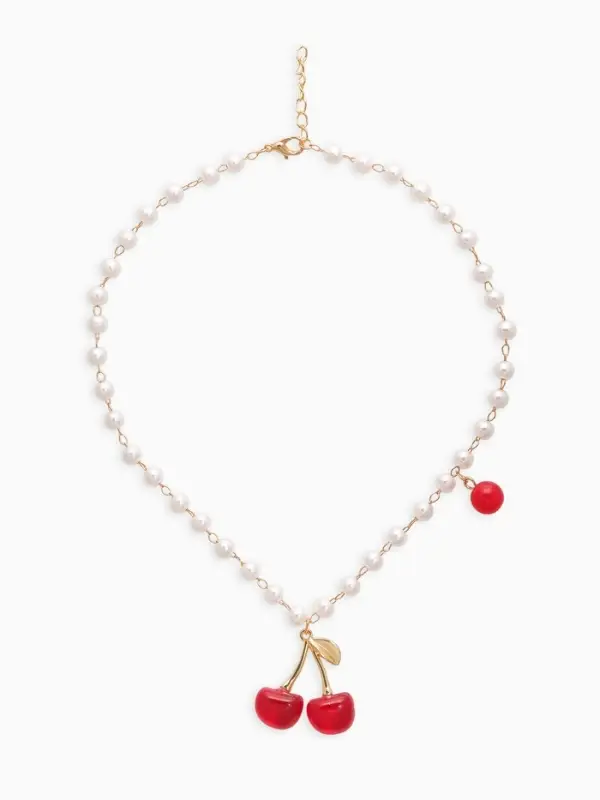 Колье на жемчужной дорожке "Вишня объемная", цвет красно-белый в золоте 40+удл, d6