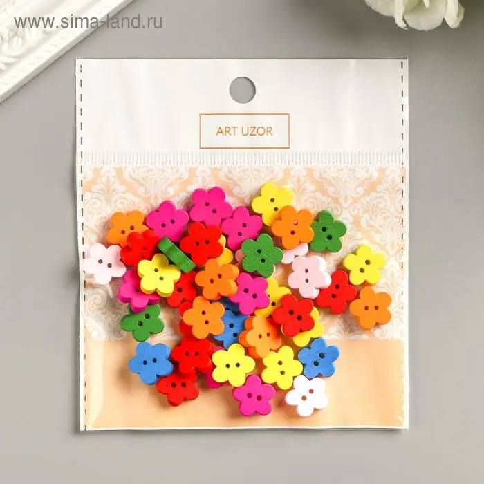 Пуговицы дерево для творчества 2 прокола "Цветочки" набор 40 шт 1,1х1,1 см