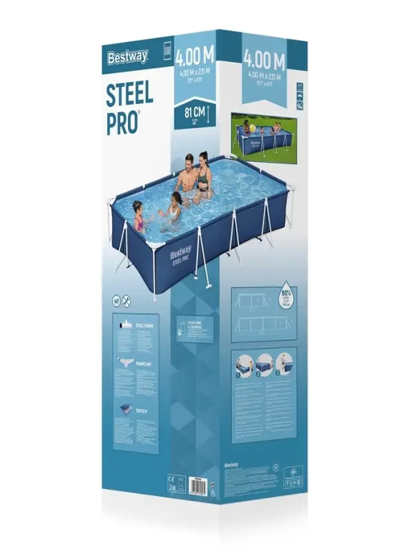 Бассейн каркасный Steel Pro, 400&times;211&times;81 см, фильтр-насос, прямоугольный, синий, 56424 Bestway
