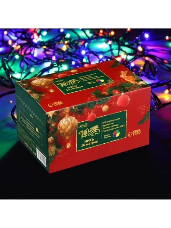 Гирлянда &laquo;Нить&raquo; 10 м, IP44, тёмная нить, 100 LED, свечение мульти, 8 режимов, 220 В
