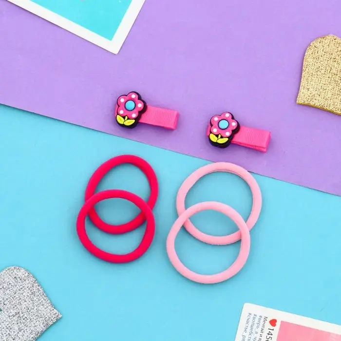 Набор для волос "Крохотуля" (4 резинки, 2 зажима 3,5 см) цветочек, розовый