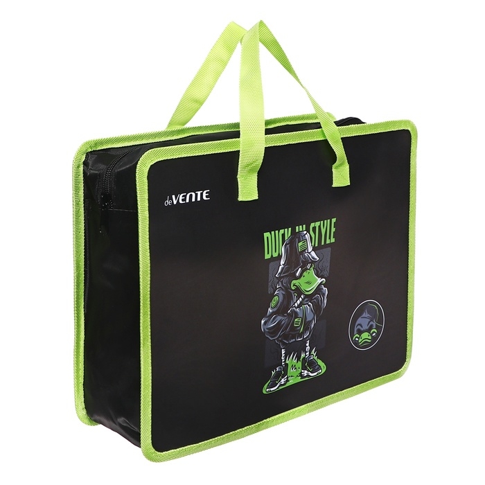 Папка с ручками А4, 335 х 260 х 100 мм, пластиковая, ручки-текстиль, deVENTE Cool Duck чёрная/зелёная