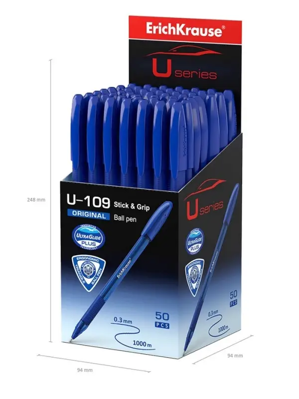 Ручка шариковая ErichKrause U-109 Original Stick&Grip, узел 1 мм, синяя