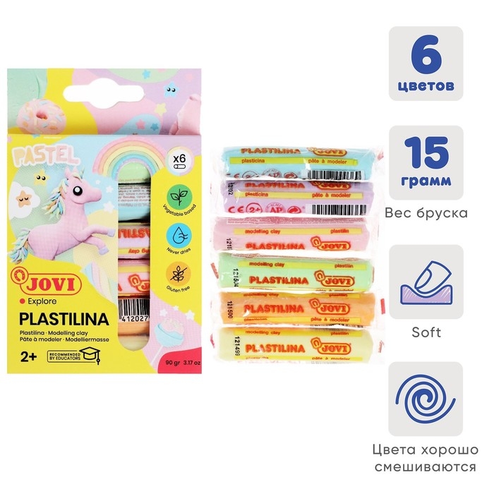 Пластилин на растительной основе, 6 цветов, 90 г, JOVI, пастельная палитра, картон, европодвес, ДЛЯ МАЛЫШЕЙ Пластилин на растительной основе, 6 цветов, 90 г, JOVI, пастельная палитра, картон, европодвес, ДЛЯ МАЛЫШЕЙ
