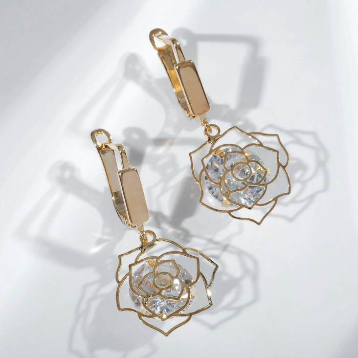 Серьги со стразами «Циркония» роза, цвет белый в золоте Серьги со стразами «Циркония» роза, цвет белый в золоте