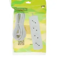 Удлинитель Luazon Lighting ECO, 4 розетки, 5 м, 10 А, 2200 Вт, ПВС 2&times;0.75 мм2, без заземления, белый