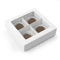Коробка для 4 конфеты, с окном, целлюлоза белая,12.5&times;12.5&times;3.5 см