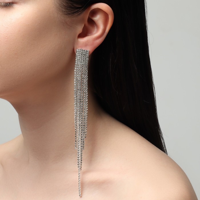 Серьги висячие со стразами «Водопад» мини квадрат, цвет белый в серебре, 14 см Серьги висячие со стразами «Водопад» мини квадрат, цвет белый в серебре, 14 см