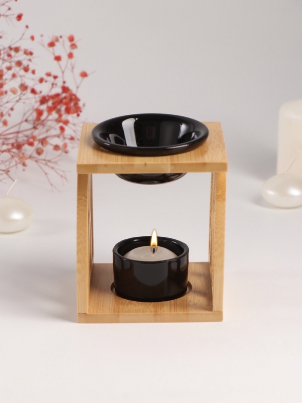 Аромалампа бамбук, керамика с подставкой под свечу Аромалампа бамбук, керамика с подставкой под свечу "Узоры" чёрная 9,5х9,5х13,5 см