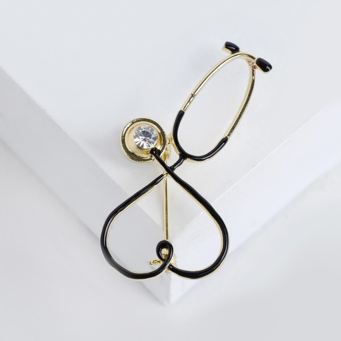 Брошь «Стетоскоп» сердце, цвет чёрный в золоте