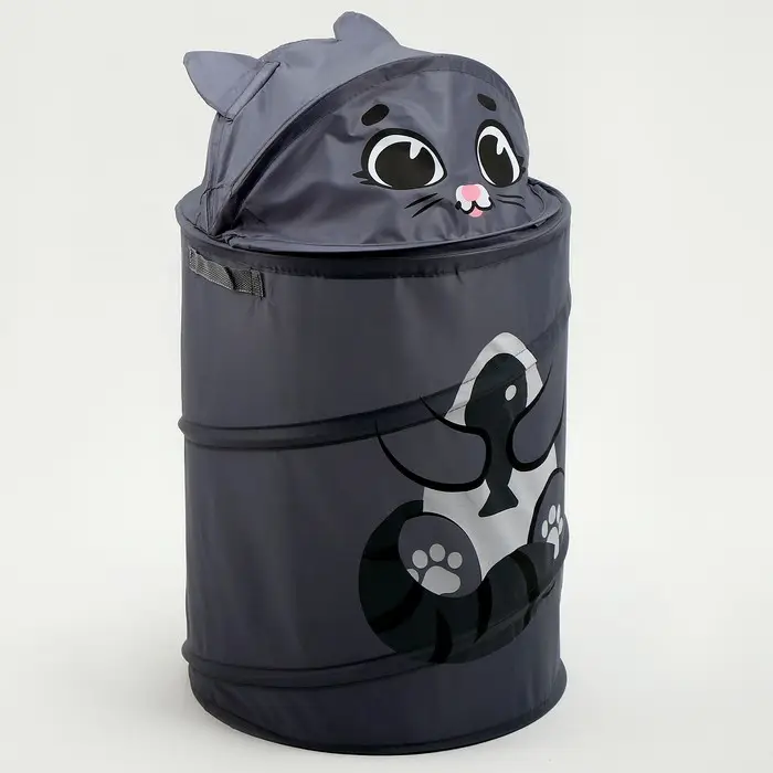 Корзина для хранения игрушек &laquo;Котик с рыбкой&raquo; с ручками и крышкой, 55&times;33&times;33 см, серая