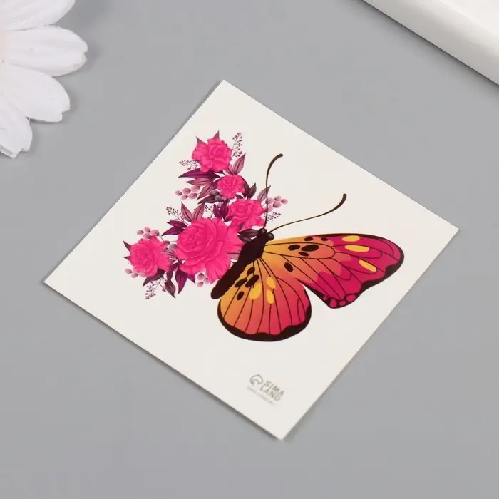 Переводная тату на тело цветная «Бабочка-роза», 6×6 см