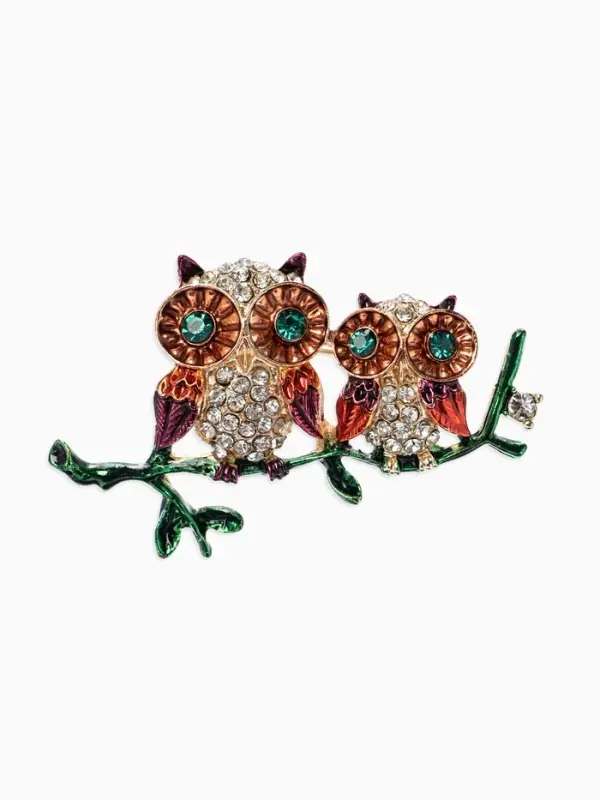 Брошь &laquo;Совы&raquo; на ветке, цветная в золоте