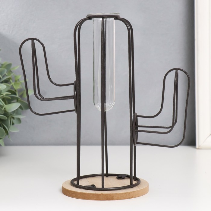 Декор металл, стекло, дерево Декор металл, стекло, дерево "Кактус" на подставке чёрный 20х12х22,5 см