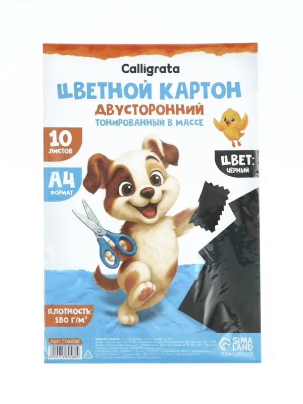 Картон двусторонний А4, тонированный в массе, 10 листов, 180 г/м&sup2;, чёрный