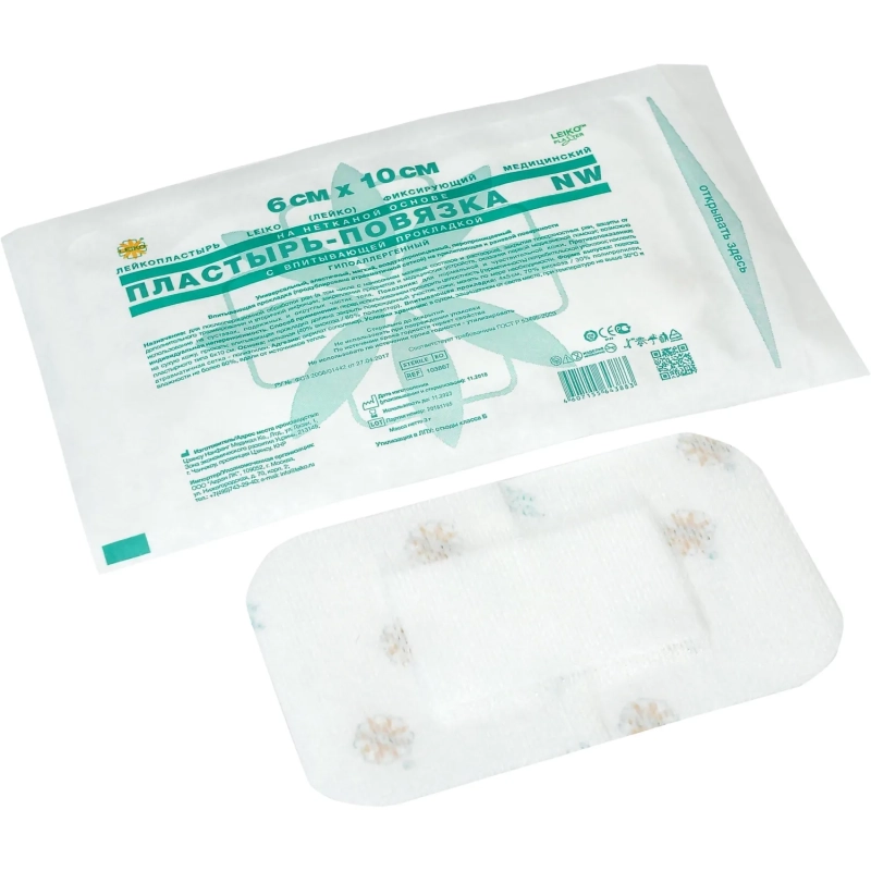 Пластырь-повязка неткан основа впит подушка 6x10см LEIKO
