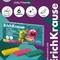 Пластилин 6 цветов ErichKrause Jolly Friends Glitter, с блестками, со стеком