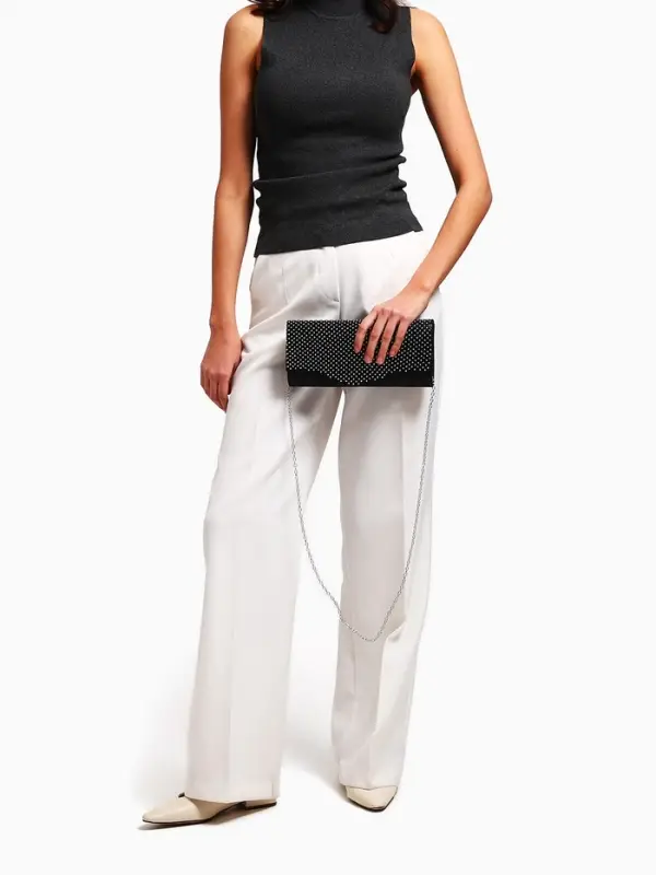 Сумка-клатч женская вечерняя на магните, на цепочке, комбинированная, со стразами, чёрная