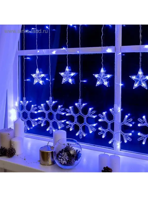 Гирлянда &laquo;Бахрома&raquo; 2.4&times;0.9 м с насадками &laquo;Снежинки&raquo;, IP20, прозрачная нить, 150 LED, свечение синее, 8 режимов, 220 В