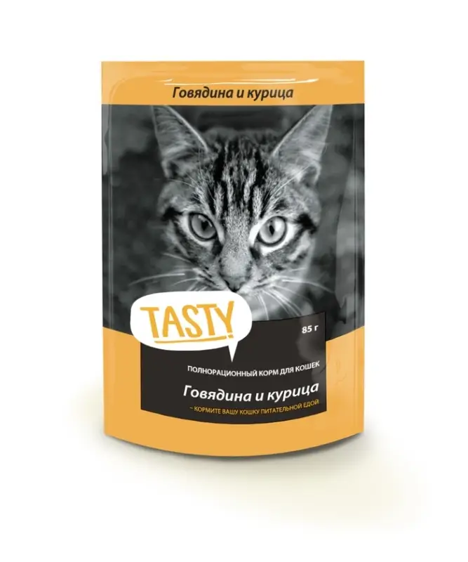 Tasty корм конс. д/кош. с говядиной и курицей в желе, пауч, 85 г Tasty корм конс. д/кош. с говядиной и курицей в желе, пауч, 85 г