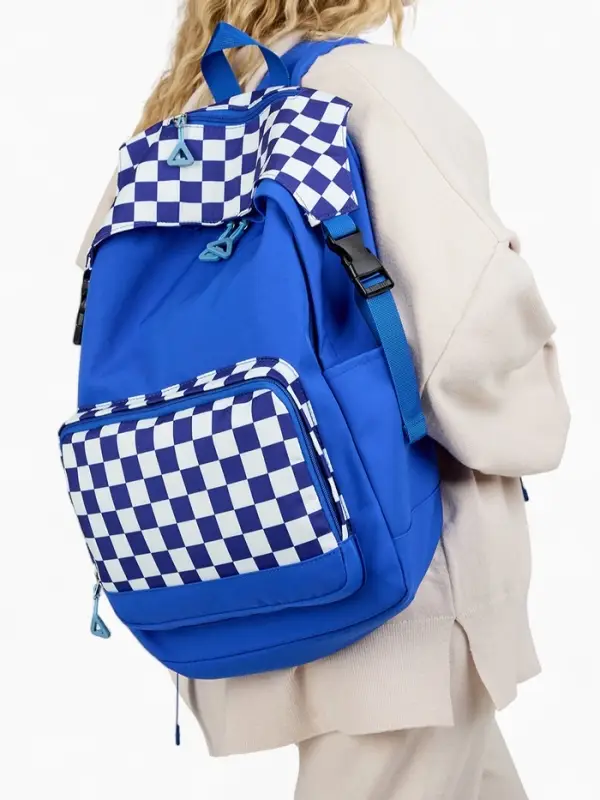 Рюкзак школьный на молнии, с карманами, в клетку, размер 29&times;15&times;40 см, синий