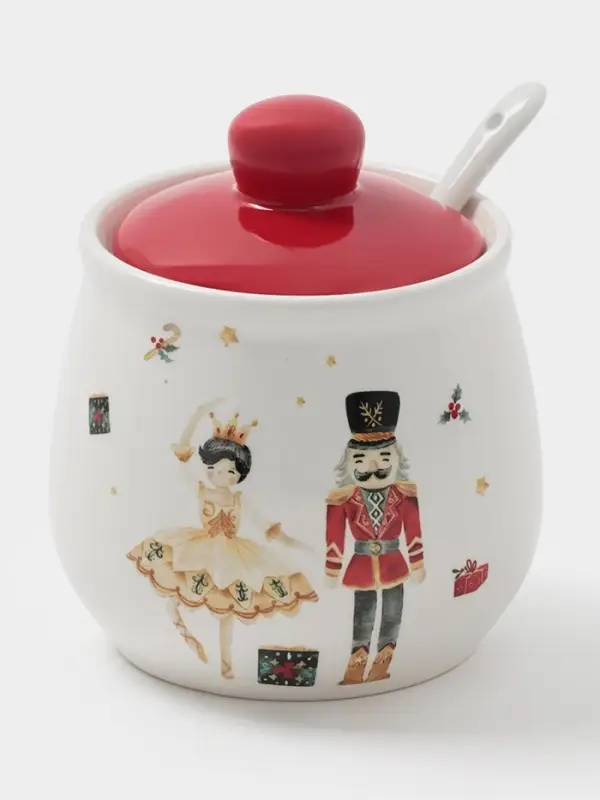Сахарница новогодняя Доляна «Щелкунчик», доломит, белая Сахарница новогодняя Доляна «Щелкунчик», доломит, белая
