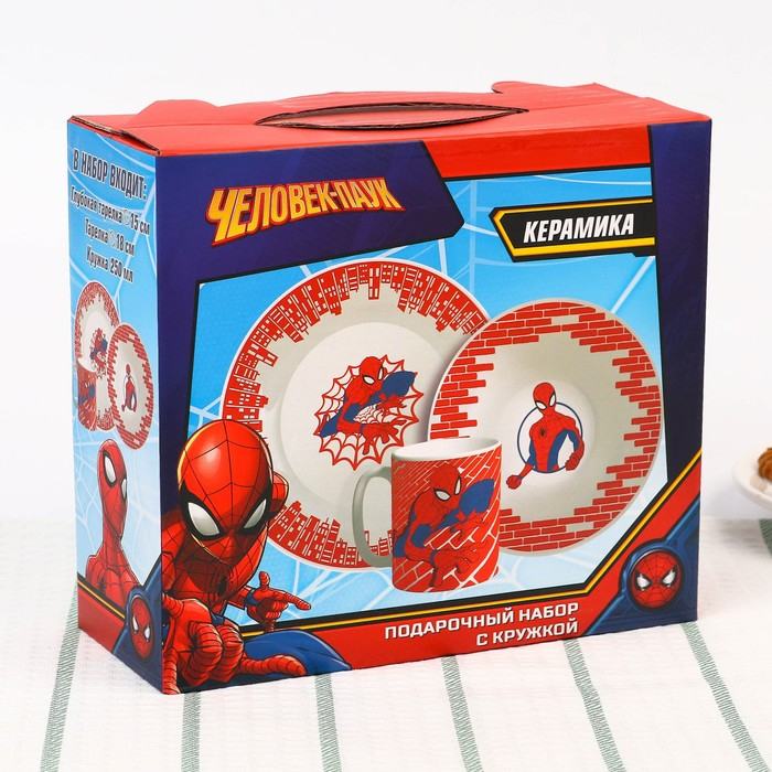 Набор посуды, 3 предмета: тарелка Ø 16,5 см, миска Ø 14 см, кружка 200 мл, Набор посуды, 3 предмета: тарелка Ø 16,5 см, миска Ø 14 см, кружка 200 мл, "Ты - супергерой", Человек-паук