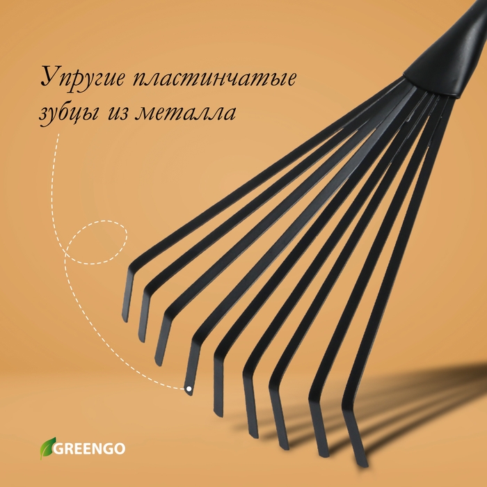 Грабли малые, веерные, пластинчатые, 9 зубцов, длина 52 см, металл, металлическая рукоять с резиновой ручкой, Greengo Грабли малые, веерные, пластинчатые, 9 зубцов, длина 52 см, металл, металлическая рукоять с резиновой ручкой, Greengo