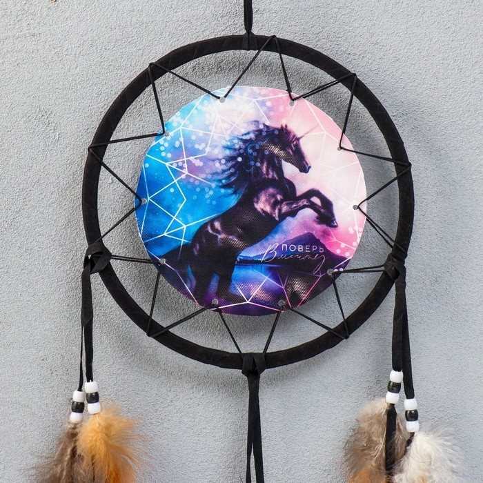 Ловец снов "Чёрный единорог - Поверь в мечту" d=20 см