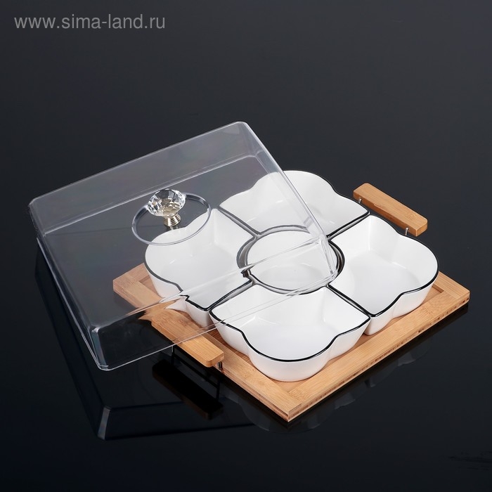 Набор салатников керамических с крышкой на деревянной подставке «Эстет. Квадрат», 5 предметов, 33×27,5×11 см, цвет белый Набор салатников керамических с крышкой на деревянной подставке «Эстет. Квадрат», 5 предметов, 33×27,5×11 см, цвет белый