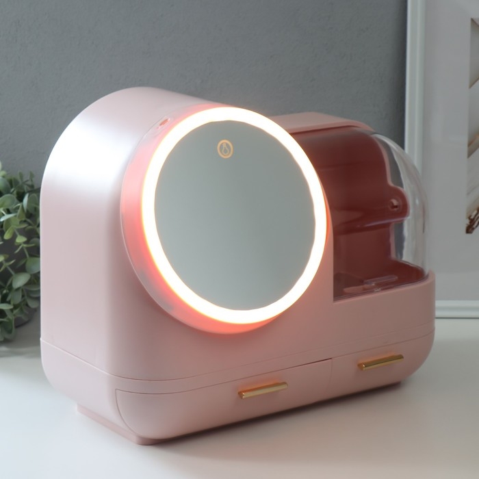 Шкатулка для косметики пластик, зеркало с подсветкой Шкатулка для косметики пластик, зеркало с подсветкой "Светло-розовая" 37,5х22х31 см