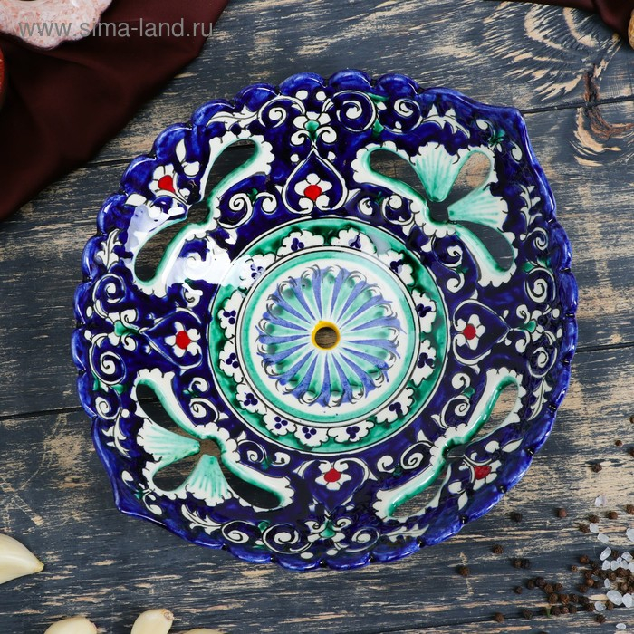 Фруктовница Риштанская Керамика  Фруктовница Риштанская Керамика "Цветы", 25 см, синее, рифлёное, овальное