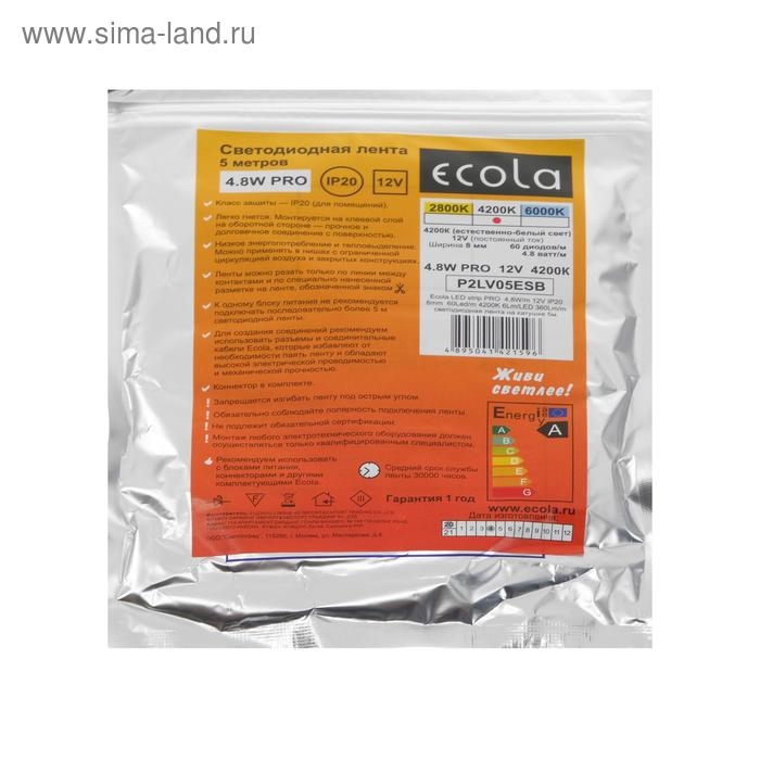 Светодиодная лента Ecola PRO 5 м, IP20, SMD3528, 60 LED/м, 4.8 Вт/м, 12 В, 4200К Светодиодная лента Ecola PRO 5 м, IP20, SMD3528, 60 LED/м, 4.8 Вт/м, 12 В, 4200К