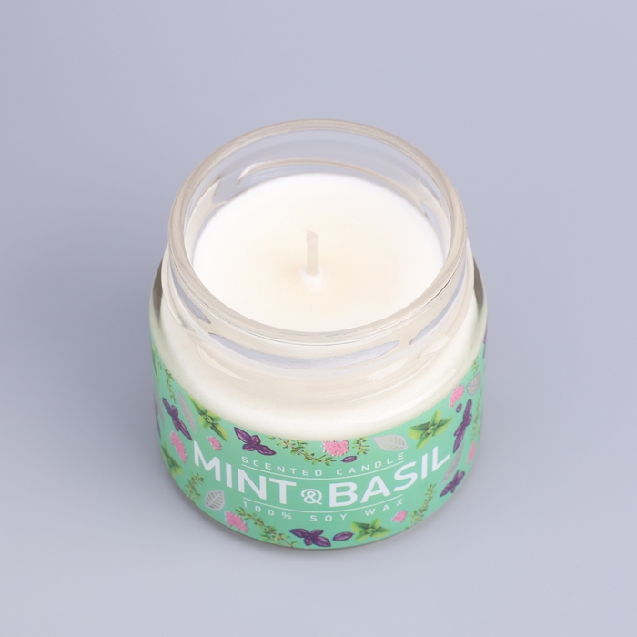 Свеча ароматическая в банке  Свеча ароматическая в банке "Базилик и мята ", совый воск, 80 г