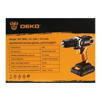 Дрель-шуруповерт DEKO Banger 20V, 20 В, 2х1.5 Ач, кейс + набор инструментов 63 предмета