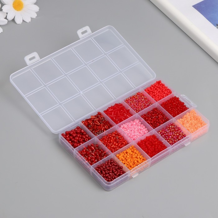 Бисер стекло 6/0, 8/0, 12/0 в шкатулке  Бисер стекло 6/0, 8/0, 12/0 в шкатулке "Красный" стеклярус 15,5х9,5х1,6 см