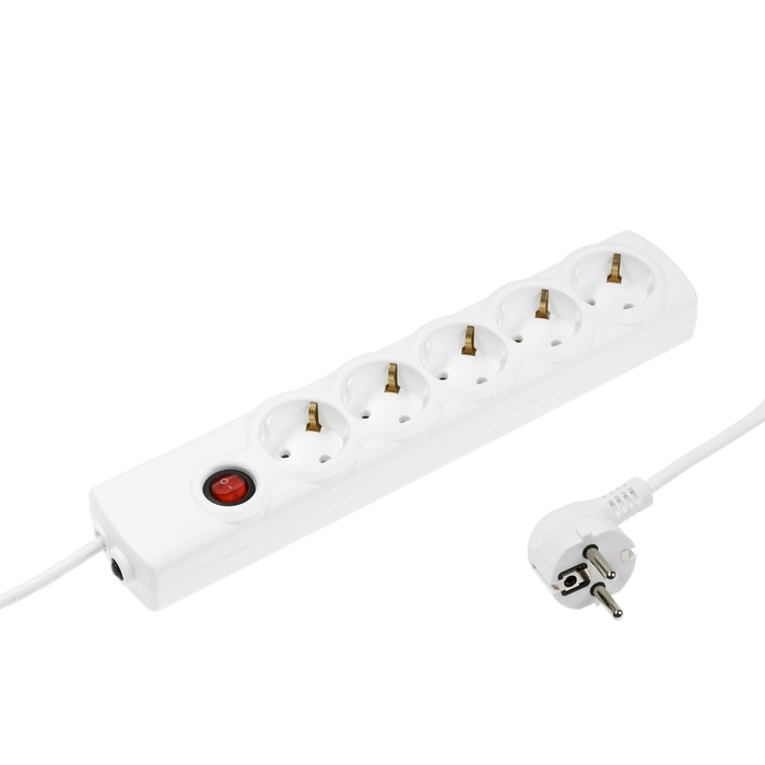 Сетевой фильтр Luazon Lighting, 5 розеток, 1.5 м, 3500 Вт, 3х1 мм2, 16 A, 220 В, c предохранителем, белый