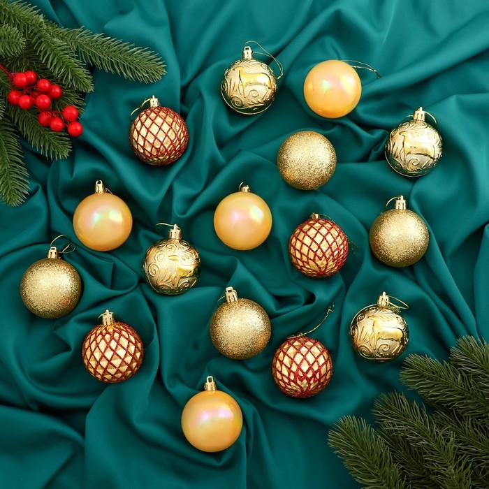 Набор шаров пластик d-6 см, 16 шт Набор шаров пластик d-6 см, 16 шт "Мелодия" грани глянец, золото