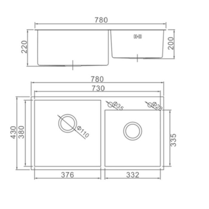 Мойка кухонная AFLORN AF97843B-D, врезная, двойная, S=3,0 и 0,8мм, 78х43х22см, сифон, графит Мойка кухонная AFLORN AF97843B-D, врезная, двойная, S=3,0 и 0,8мм, 78х43х22см, сифон, графит