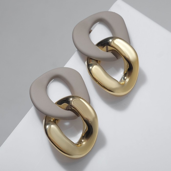 Серьги пластик «Цепь» 2 звена, цвет бежевый в золоте Серьги пластик «Цепь» 2 звена, цвет бежевый в золоте