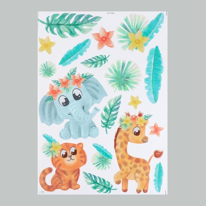 Наклейка интерьерная цветная Наклейка интерьерная цветная "Зверята и экзотические цветы" 50х70 см