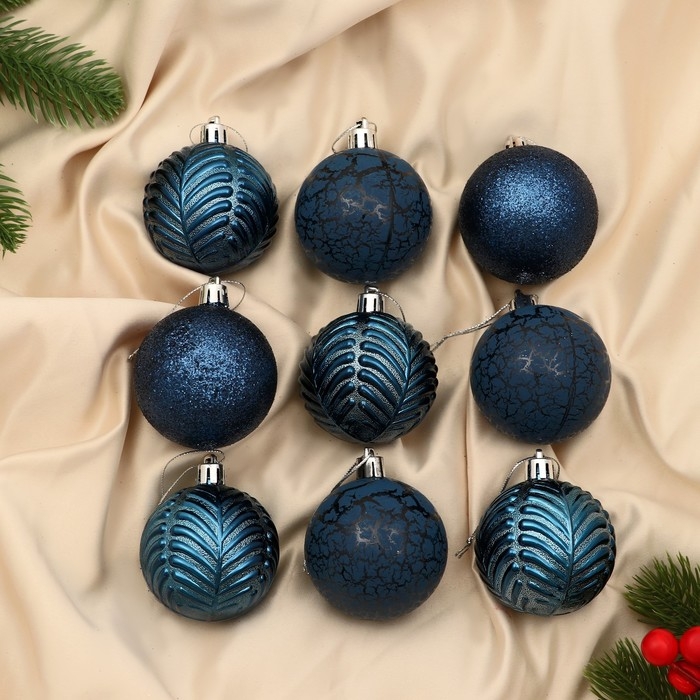 Набор шаров пластик d-6 см, 9 шт Набор шаров пластик d-6 см, 9 шт "Мелодия" веточки блеск, синий