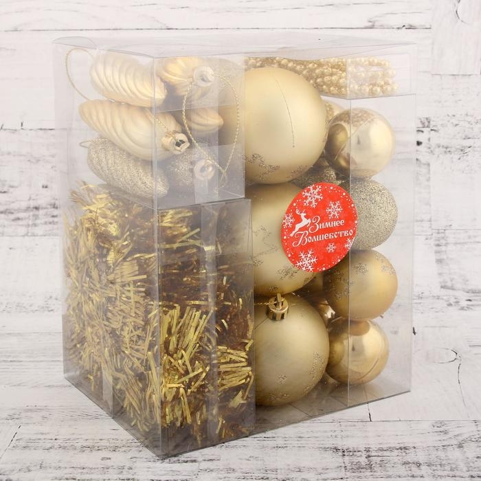 Набор украшений пластик 26 шт Набор украшений пластик 26 шт "Новогоднее веселье" с бусами и мишурой, золото