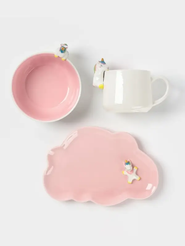 Набор детской посуды Доляна &laquo;Радужный единорог&raquo;, 3 предмета: кружка 350 мл, супница 450 мл, тарелка, керамика, розовый